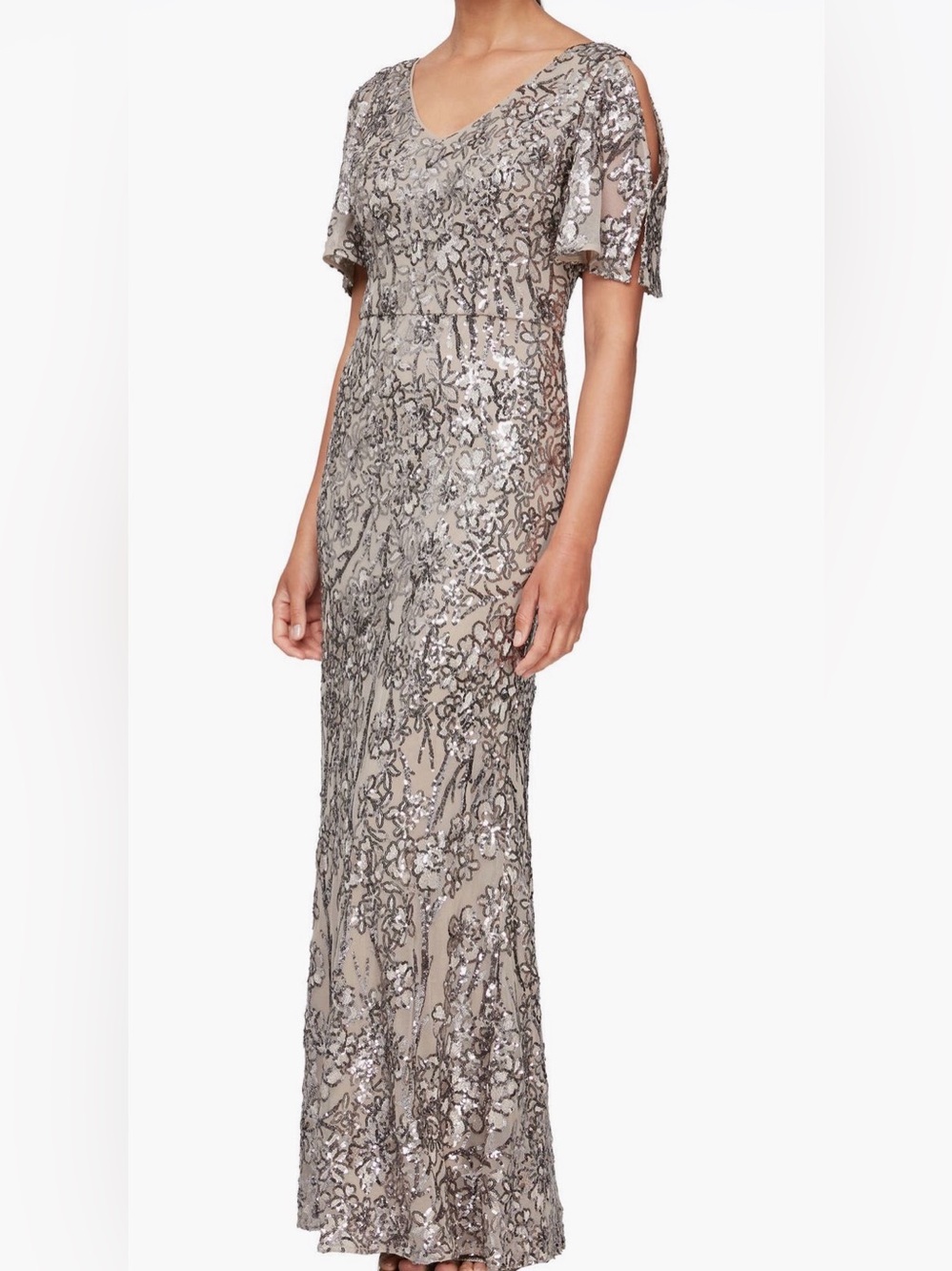 Alex Evenings Mink Maxi Dress with Tonal & Silver Sequin Floral Embroidery